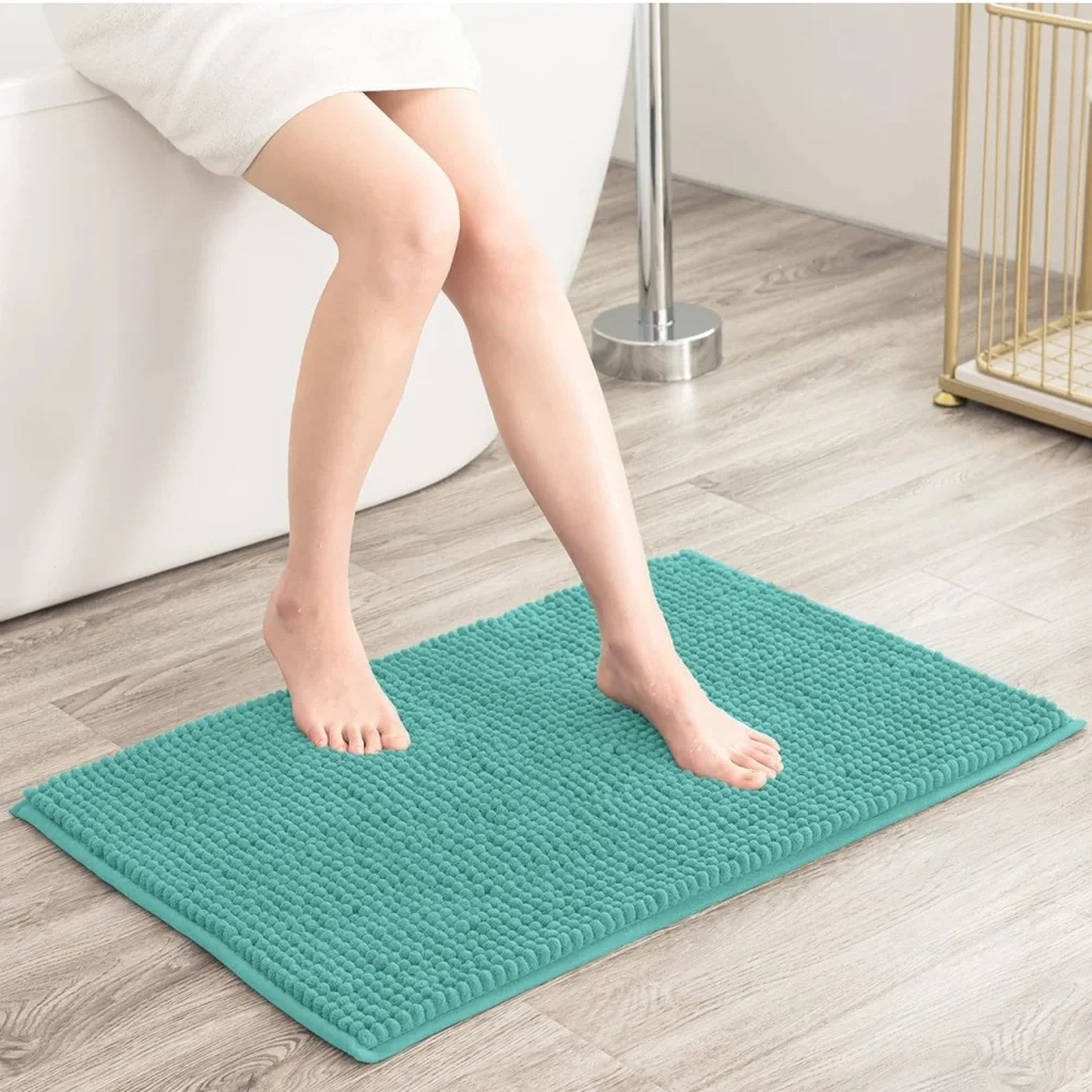 blue/teal chenille soft bath rug mat set